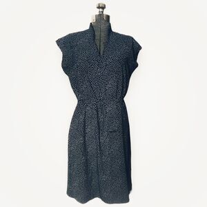 Vintage 1960s Mari Lynn Fashions Navy Blue & White Polka Dot Polyester Dress 14P